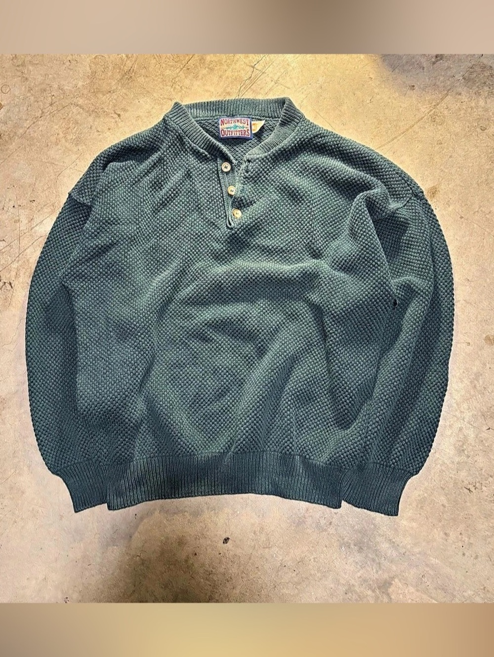 90s Northwest Outfitters green waffle knit sweater with button up front, size L
